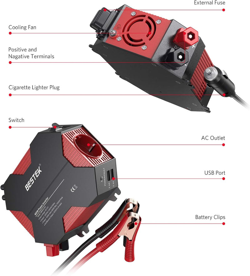 Wechselrichter 12v auf 230v/BESTEK 400W Wechselrichter Autoladegerät 12v Steckdose DC 12V auf AC 230