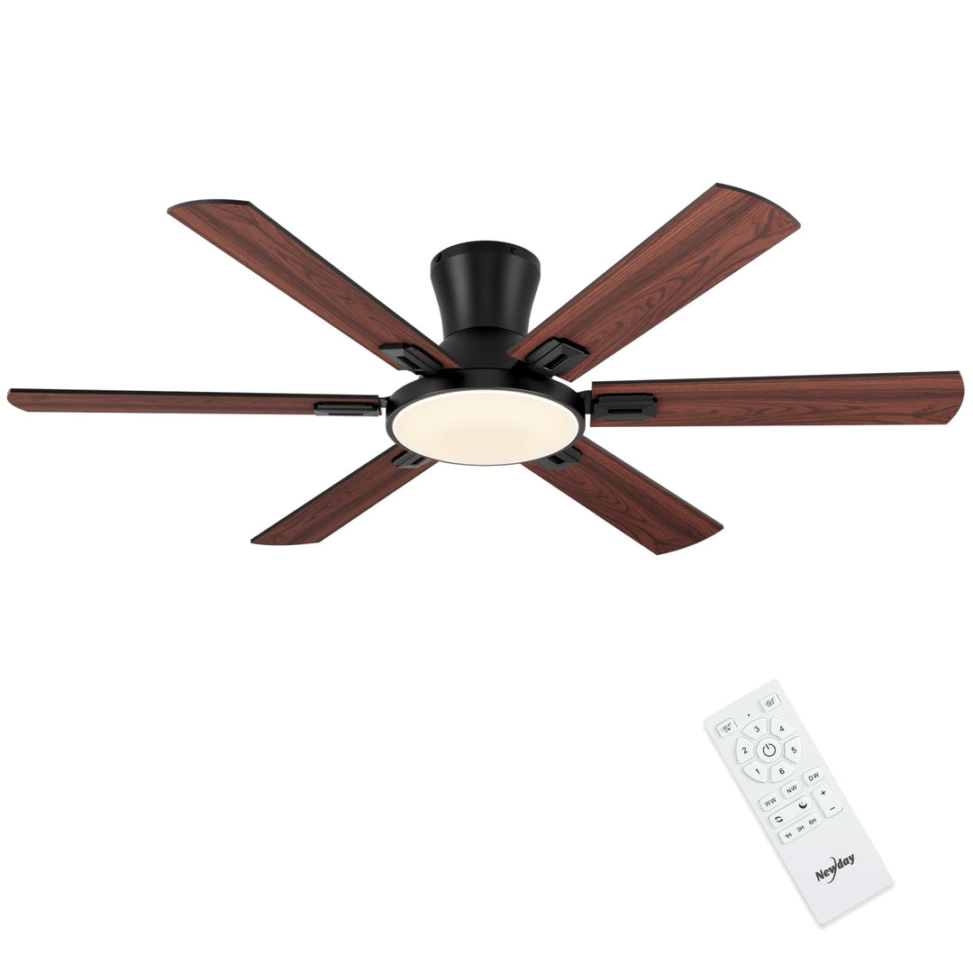 Newday Deckenventilatoren Flach Holz mit 6 Flügel, 132cm Gross Deckenventilator mit Beleuchtung und
