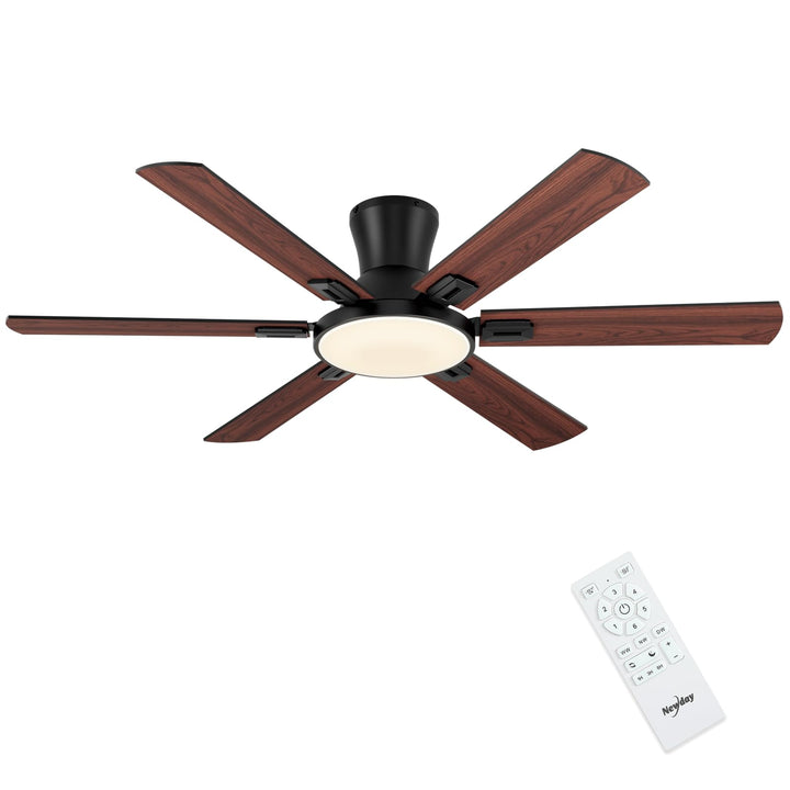 Newday Deckenventilatoren Flach Holz mit 6 Flügel, 132cm Gross Deckenventilator mit Beleuchtung und