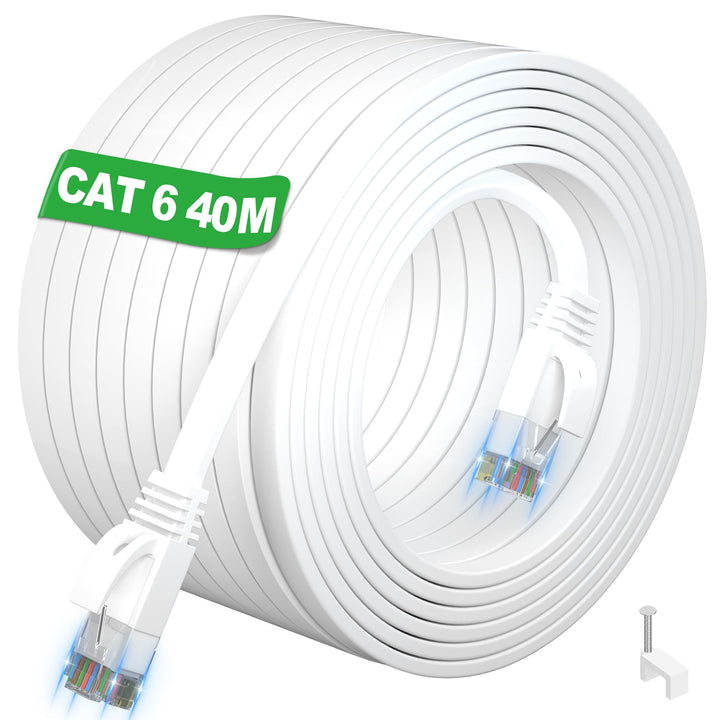 ikbc LAN Kabel 40 meter, Cat 6 Netzwerkkabel 40m Outdoor Indoor Flach Lang | Weiss Ethernet Kabel Ho
