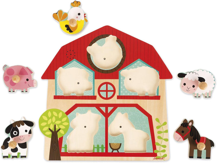 Janod J07079 - Musikpuzzle Bauernhof-Freunde 5 Teile, Bauernhof-Freunde
