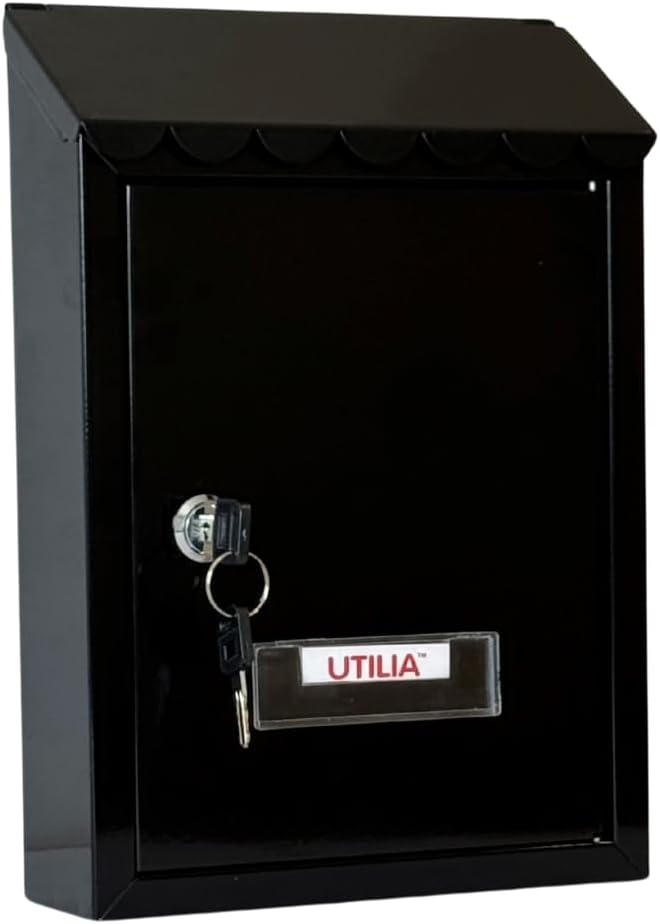 UTILIA Briefkasten Capri 21 x 6 x 30 cm, Briefhalter aus lackiertem Blech mit Dach, Schlitz oben hin
