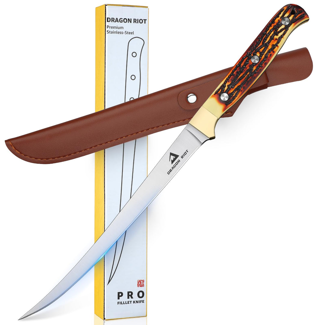 DRAGON RIOT Filetiermesser Fisch, 18.5 CM Fishing Edelstahl Fischmesser mit Anti-Rutsch-Griff，Ausbei