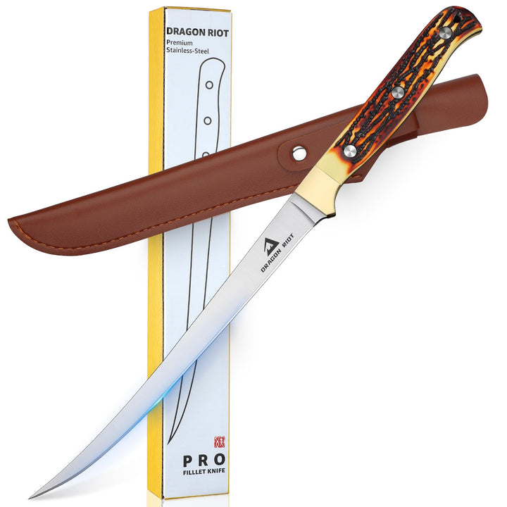 DRAGON RIOT Filetiermesser Fisch, 18.5 CM Fishing Edelstahl Fischmesser mit Anti-Rutsch-Griff，Ausbei