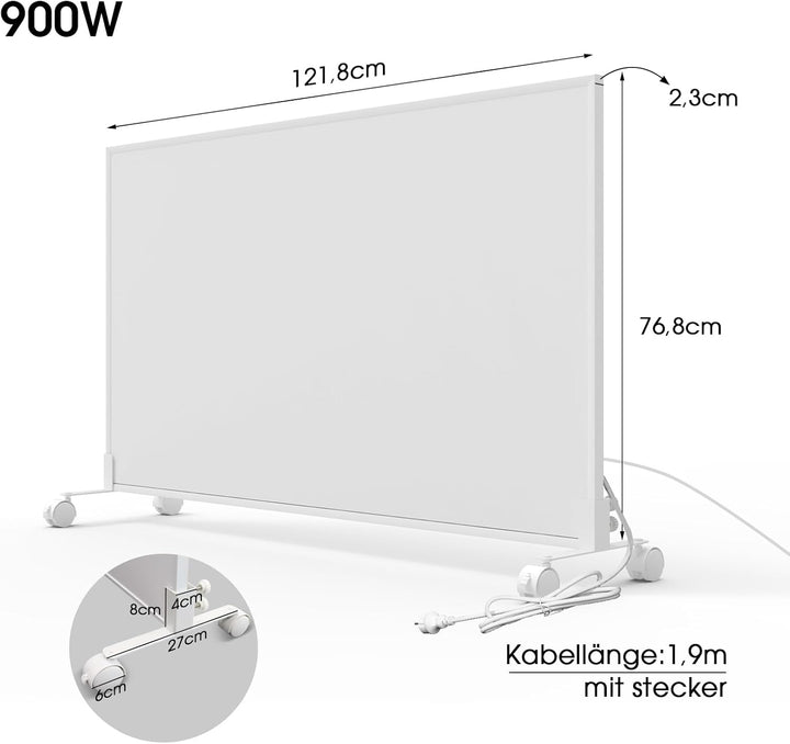 Infrarotheizung Standgerät mit Thermostat - 900 Watt - Elektroheizung mit Standfüssen & Wandmontage