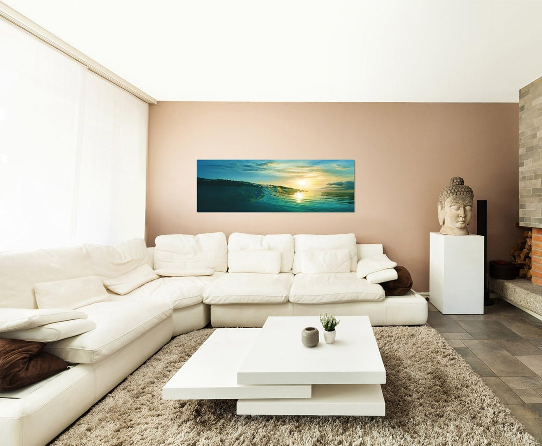 Paul Sinus Art Panoramabild auf Leinwand und Keilrahmen 150x50cm Meer Welle Wolkenschleier Sonnenunt