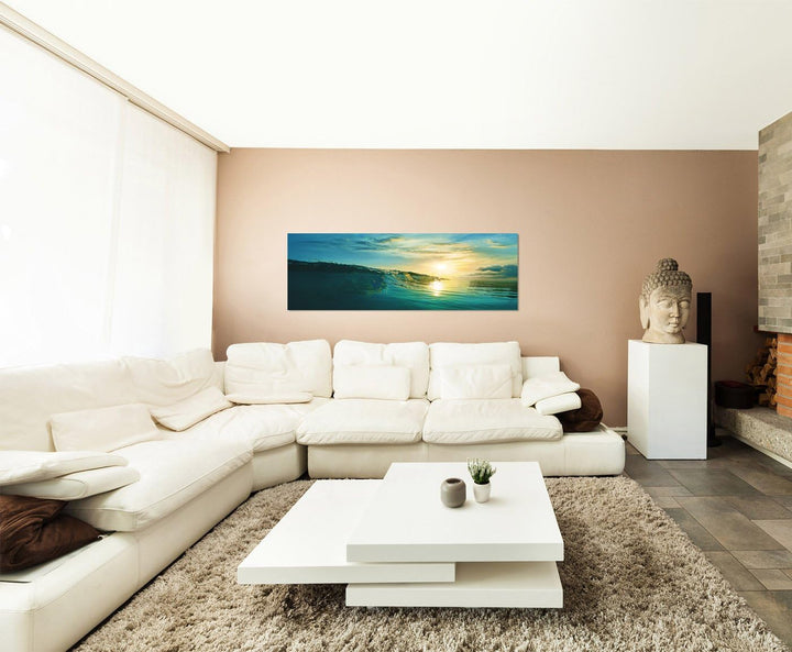 Paul Sinus Art Panoramabild auf Leinwand und Keilrahmen 150x50cm Meer Welle Wolkenschleier Sonnenunt