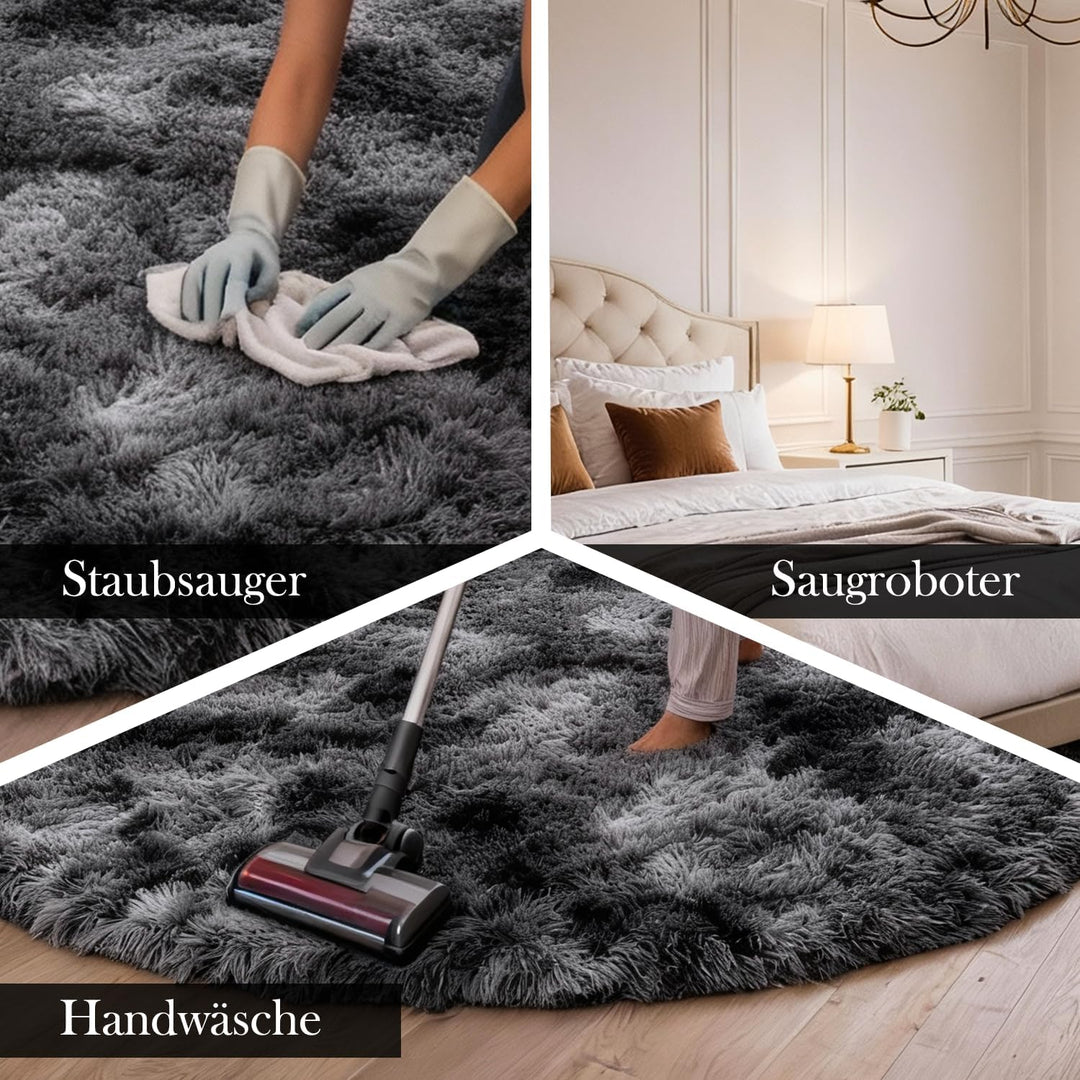 Teppich Rund 120 cm Dunkelgrau Waschbar Rutschfester Hochflor Runder Teppich Schlafzimmer Weich Flau