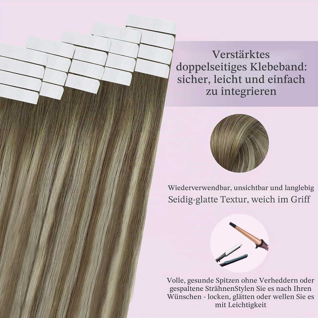 Fshine Haarverlängerung Tape Echthaar 45cm Echthaar Remy Extensions Tape 50 Gramm Balayage Dunkelbra