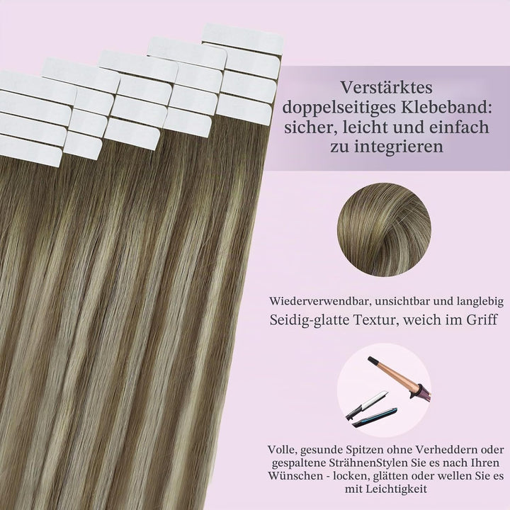 Fshine Haarverlängerung Tape Echthaar 45cm Echthaar Remy Extensions Tape 50 Gramm Balayage Dunkelbra