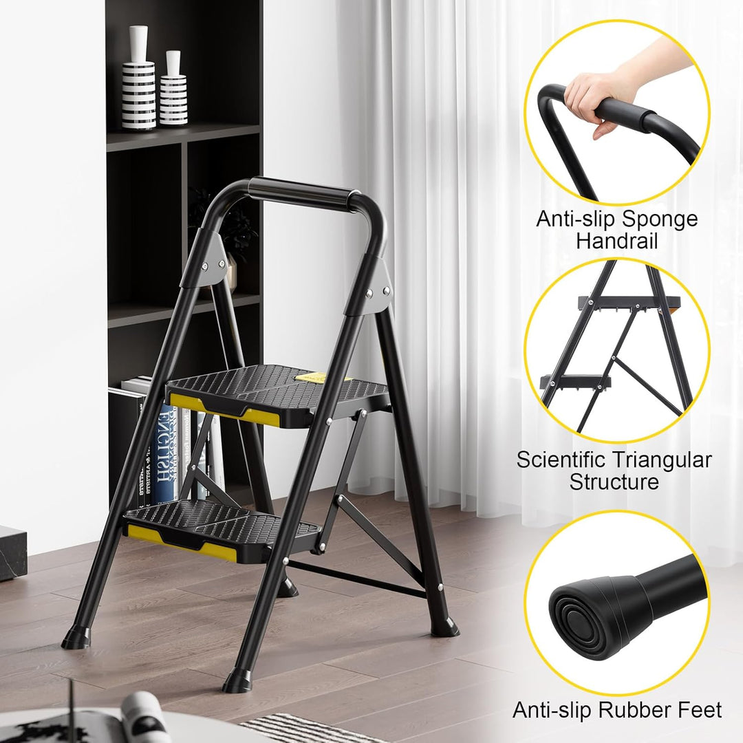 KINGRACK 2 Stufenleiter, 2 Stufen klappbar mit rutschfestem, breitem Pedal und Handläufen, leichte H
