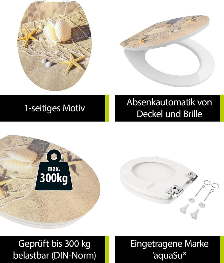 'aquaSu® WC-Sitz mit Absenkautomatik, Maritim Dekor Strandperlen, High Gloss Toilettensitz mit Holz-
