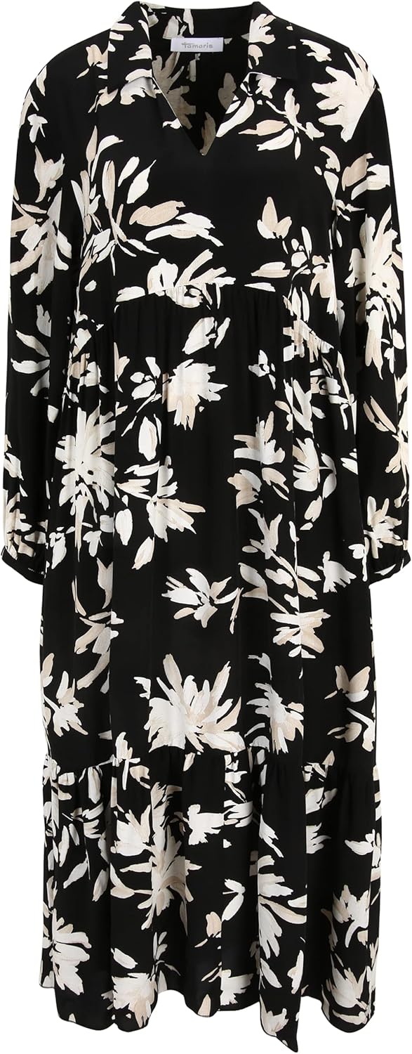 Tamaris Damen AUBURN AOP Langes trapes Kragen Kleid 36 Black Flower Aop, 36 Black Flower Aop