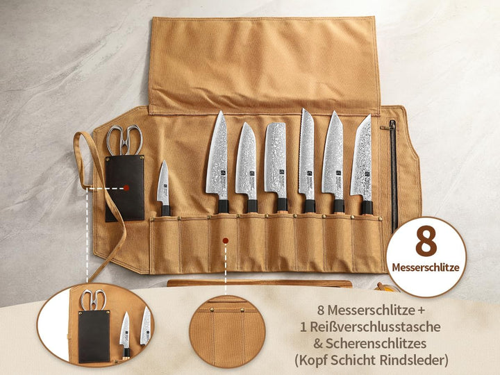 XINZUO Messertasche 78,5cmx41,5cm, Profi Koch Rolltasche, Universal Etui für Koch 8 Slots, 16oz verd