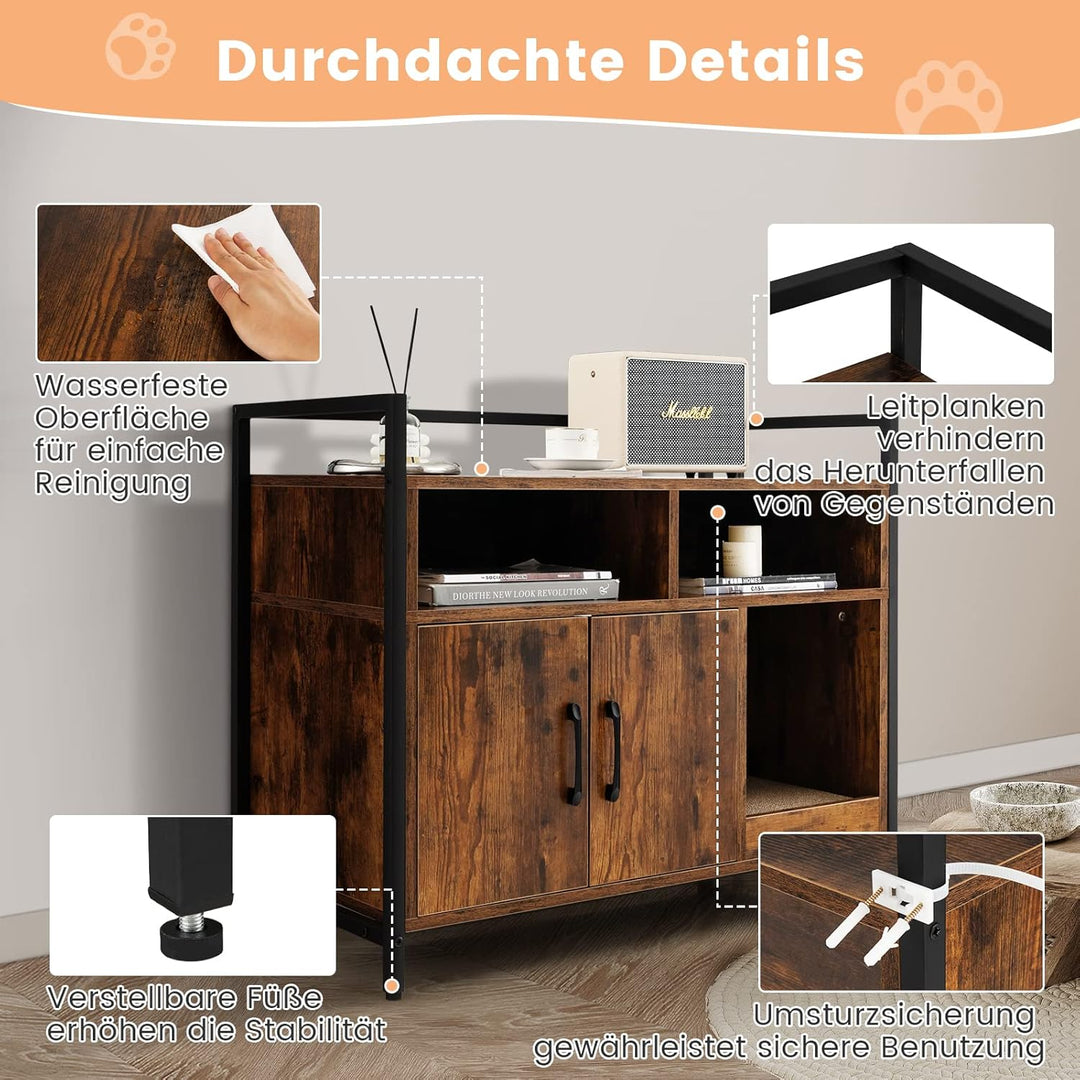 COSTWAY Katzenschrank Katzentoilette mit Doppeltüren & Kratzunterlage, Katzenhaus mit offenem Regal