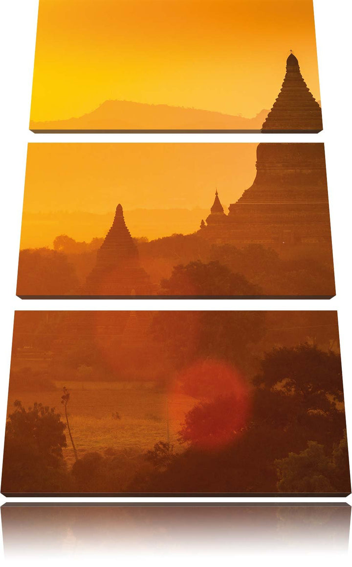 Pixxprint Buddha Tempel im Sonnenuntergang 3-Teiler Leinwandbild 120x80 Bild auf Leinwand