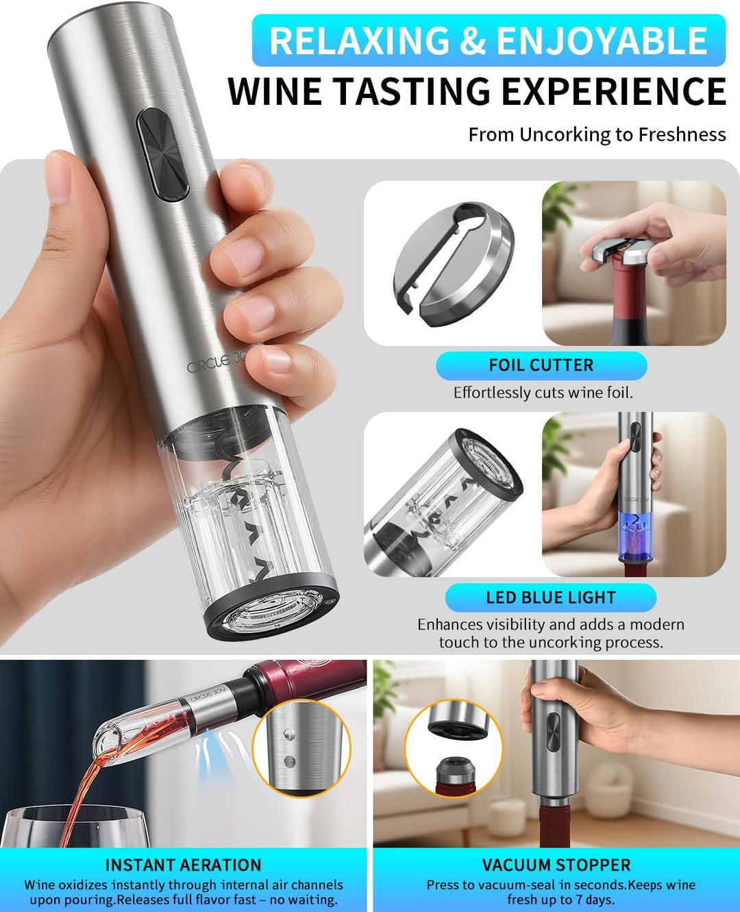 CIRCLE JOY 7-in-1 elektrischer Weinöffner aus Edelstahl, wiederaufladbares Flaschenöffner Set mit au