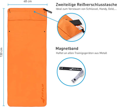 Fit-Flip Fitness Handtuch - mit Magnet und Reissverschluss Tasche - Gym Handtuch aus Mikrofaser für