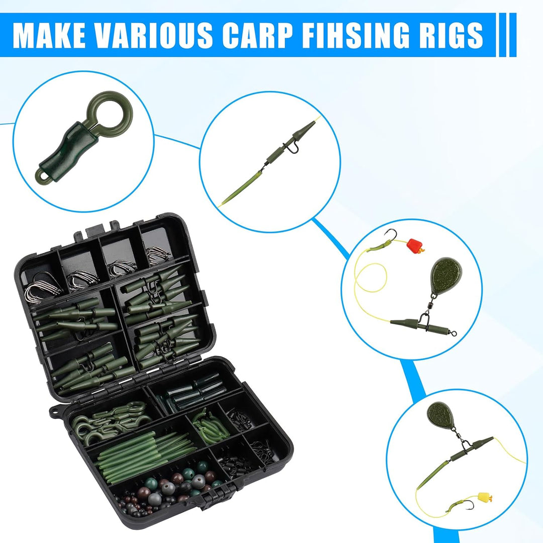 JSHANMEI Sortiment Karpfenangel-Box Kit inkl. Schnellwechselwirbel Karpfenhaken Perlen Rig Tubes Lea