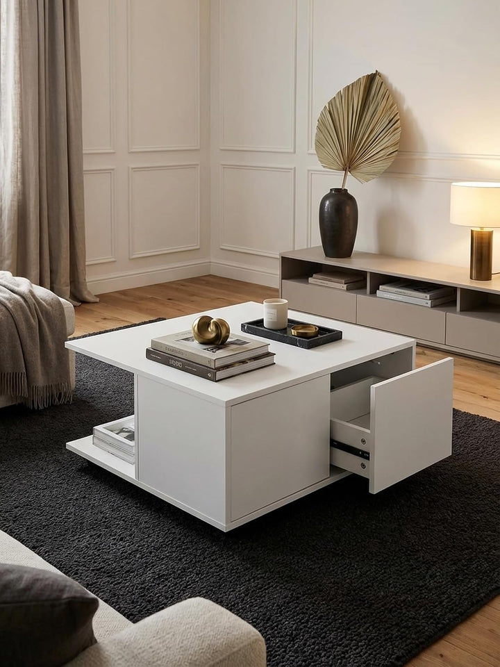 Couchtisch RAPIDO: 70x70x36,5 cm, 2 Schubladen, Rollen, Melaminharzbeschichtung, Weiss/Anthrazit Far