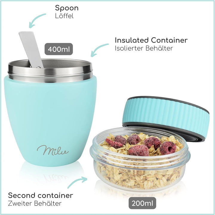 Milu Müslibecher to go 400ml I isolierter Edelstahl Joghurtbecher für Müsli I auslaufsicherer Becher