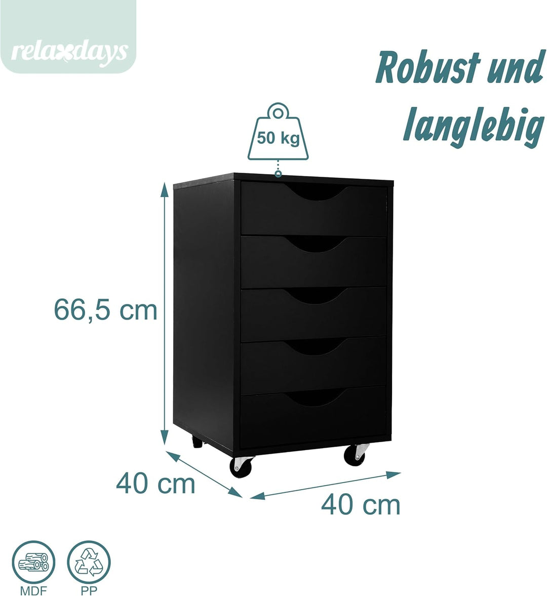 Relaxdays Rollcontainer, 5 Schubladen, HBT: 66,5x40x40 cm, Aktenschrank auf Rollen, Bürocontainer Sc