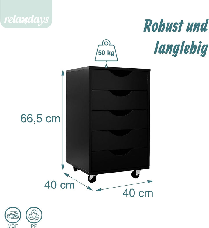 Relaxdays Rollcontainer, 5 Schubladen, HBT: 66,5x40x40 cm, Aktenschrank auf Rollen, Bürocontainer Sc