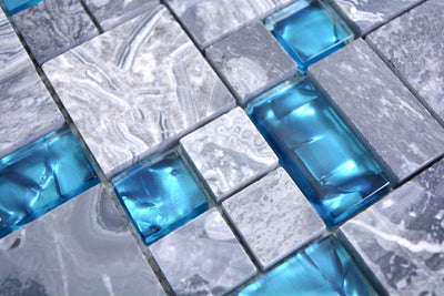 Mosaik Fliese Kombination Glasmosaik Crystal grau blau für WAND BAD WC DUSCHE KÜCHE FLIESENSPIEGEL T
