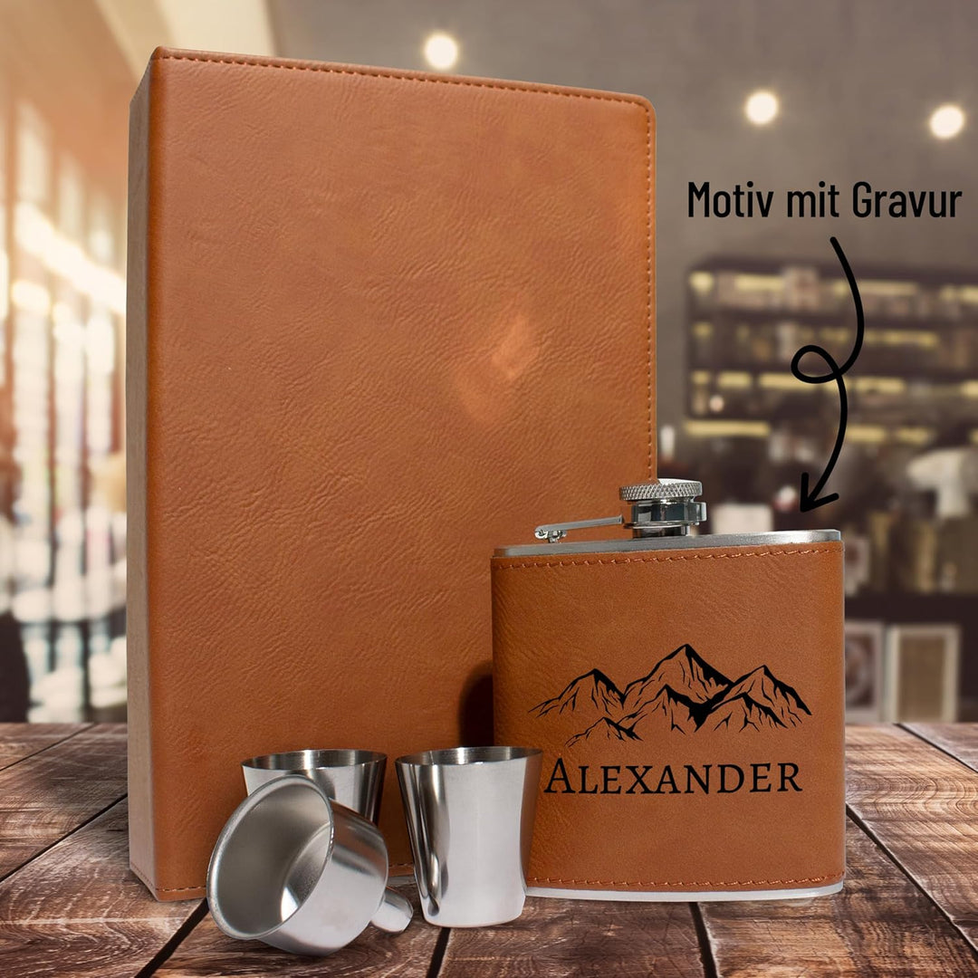 Flachmann Set personalisiert mit Gravur - Berge-Design mit deinem Namen - Edelstahl mit Kunstleder –