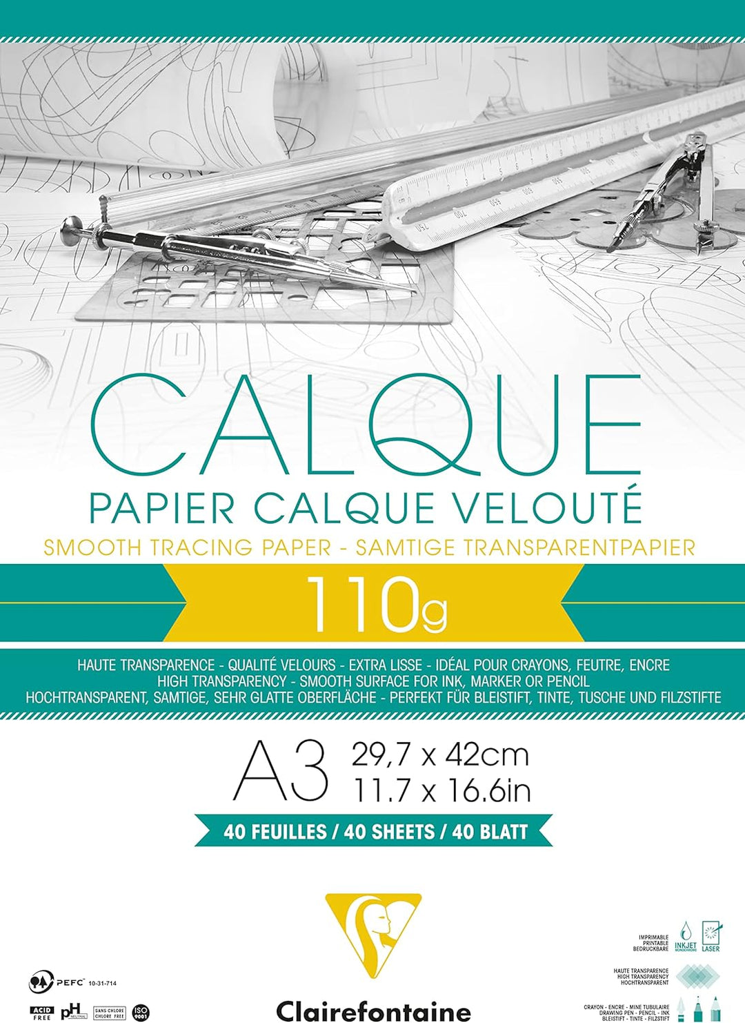 Clairefontaine 975107C Block Transparentpapier (DIN A3, 29,7 x 42 cm, 40 Blatt, 110 g, ideal für tec