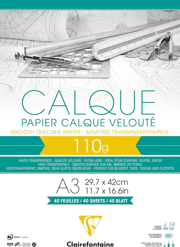 Clairefontaine 975107C Block Transparentpapier (DIN A3, 29,7 x 42 cm, 40 Blatt, 110 g, ideal für tec