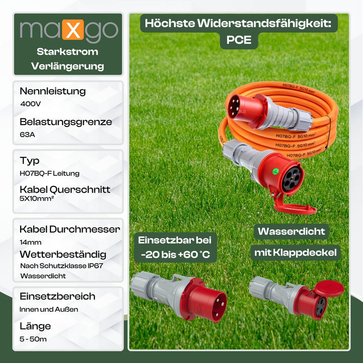 CEE Starkstromkabel Verlängerungskabel 63A 400V Pur Leitung H07BQ-F 5g10 5x10 mm² Aussenbereich IP44