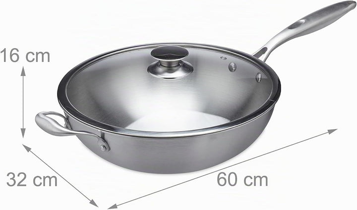 Relaxdays Wok, Ø 32 cm, Edelstahl unbeschichtet, Glasdeckel, Gas-, Elektro-, Induktionsherd, Wokpfan