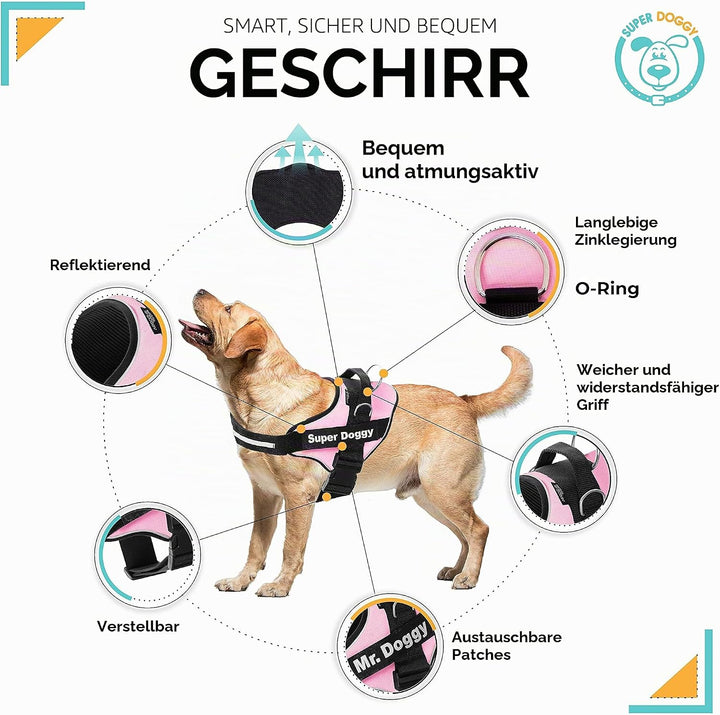 SUPER DOGGY Hundegeschirr personalisiert – Anti-Zug, reflektierend und sicher – Brustgeschirr für kl