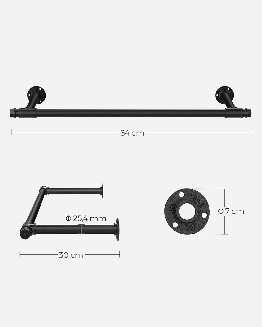 SONGMICS Kleiderstange für die Wand, Kleiderständer Wandmontage, Industrie-Design, platzsparend, 30
