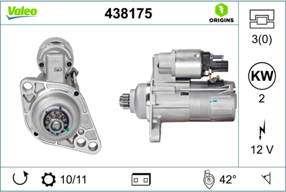 VALEO 438175 Starter Nennleistung: 2 kW Stop & Start: NO Zähnezahl: 11 zähne Spannung: 12 V Drehrich