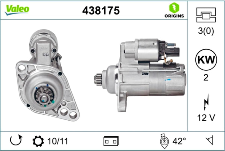 VALEO 438175 Starter Nennleistung: 2 kW Stop & Start: NO Zähnezahl: 11 zähne Spannung: 12 V Drehrich