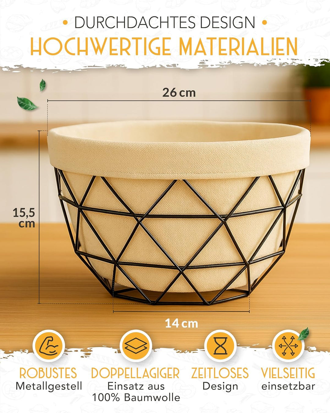 KRUSTENZAUBER Brotkorb modern mit Metallgestell - Waschbares Brotkörbchen für Brot & Brötchen - 20cm
