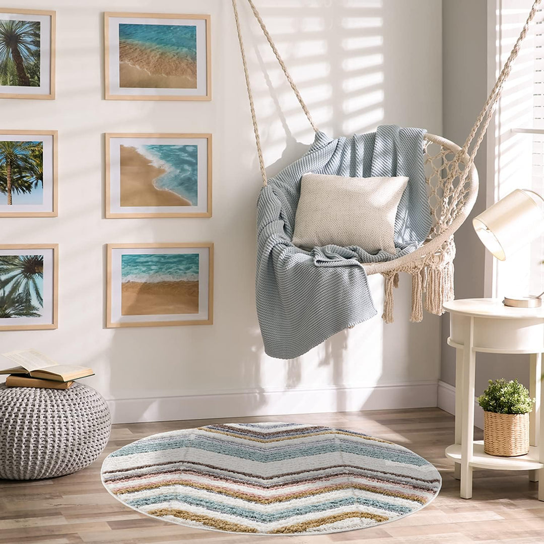 payé Teppich Rund - Hochflor - 120x120cm - Boho - Geometrisch Zick Zack - Muster -Pastellfarben Mult