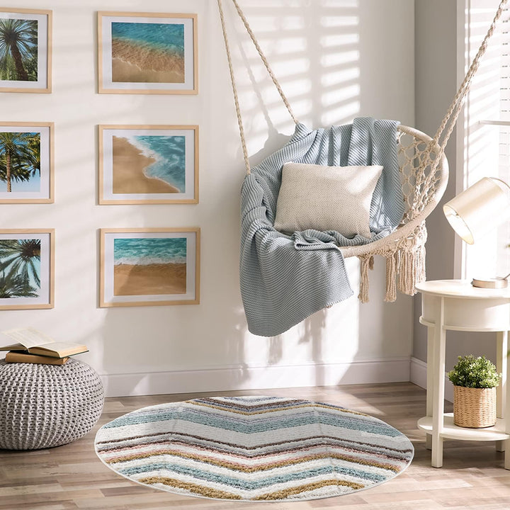 payé Teppich Rund - Hochflor - 120x120cm - Boho - Geometrisch Zick Zack - Muster -Pastellfarben Mult