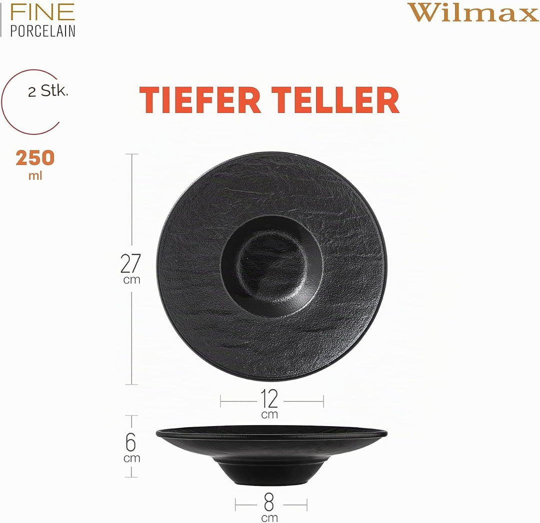 Wilmax | Tiefe Schalen - 2 Stück 27 cm / 250 ml | Schwarze Pastateller | Natursteintextur | Für Past