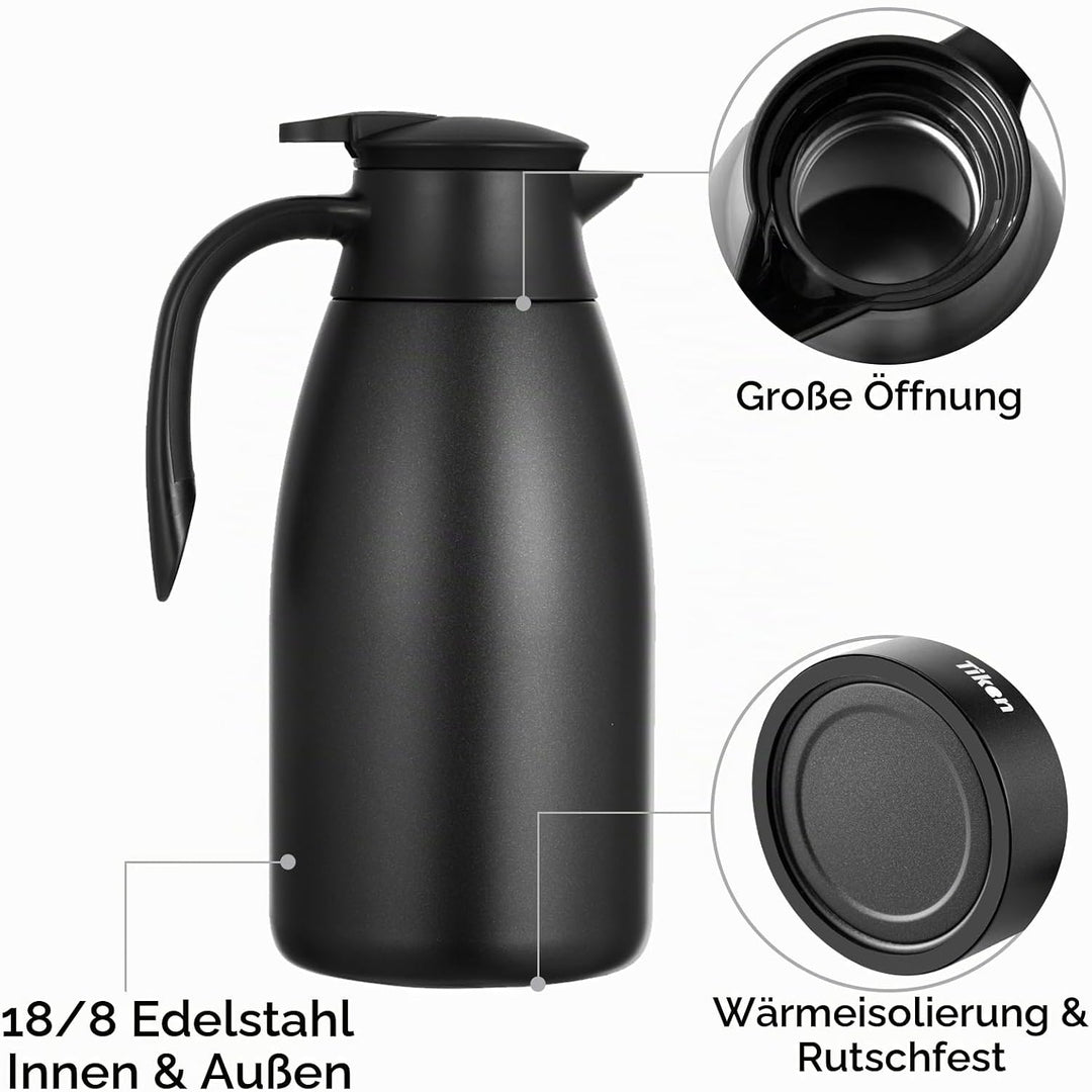 2.5L Thermoskanne Edelstahl Doppelwandige Vakuumisolierung Isolierkanne Kaffeekanne, Schwarz 2500 ml