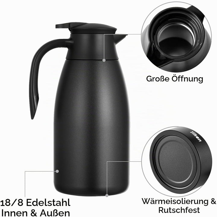 2.5L Thermoskanne Edelstahl Doppelwandige Vakuumisolierung Isolierkanne Kaffeekanne, Schwarz 2500 ml