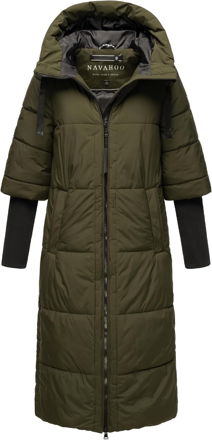 Navahoo Damen langer Wintermantel warmer Steppmantel mit Kapuze und Rippstrickärmeln Ciao Miau XIV X