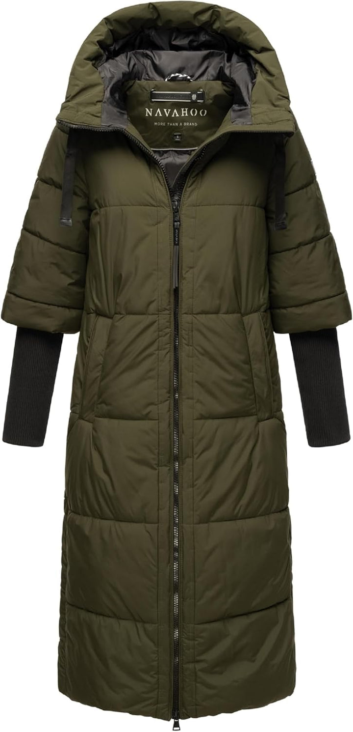 Navahoo Damen langer Wintermantel warmer Steppmantel mit Kapuze und Rippstrickärmeln Ciao Miau XIV X