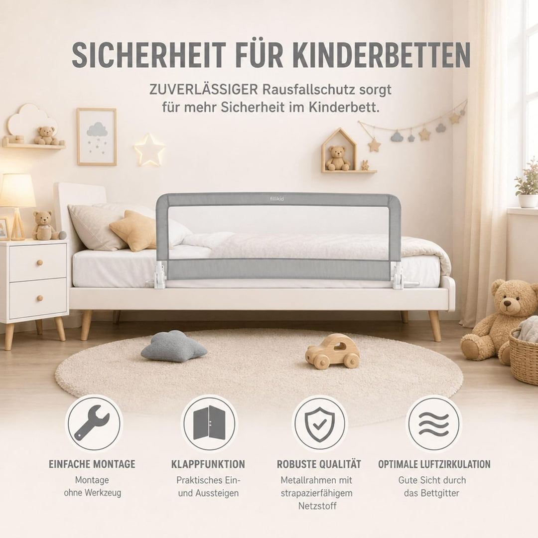 Fillikid Bettgitter für Standardbetten grau, Bettschutzgitter 150cm x 50cm, 100cm x 50cm, Kinderbett