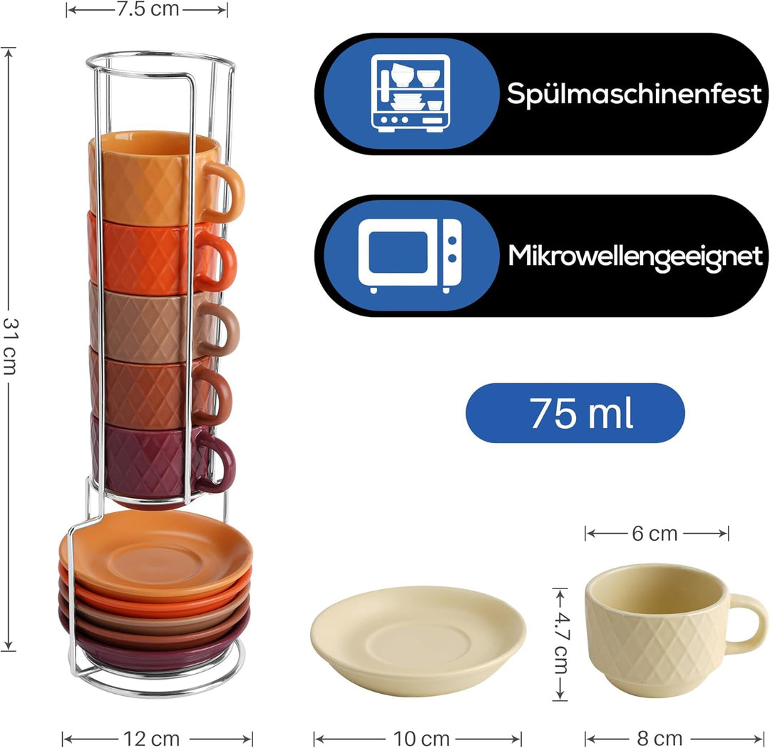MIAMIO – 6 x 75 ml Espresso Tassen/Espressotassen Set mit Ständer Steingut Keramik - Palmanova Kolle