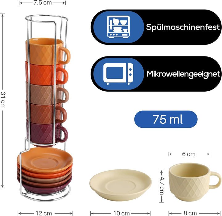 MIAMIO – 6 x 75 ml Espresso Tassen/Espressotassen Set mit Ständer Steingut Keramik - Palmanova Kolle