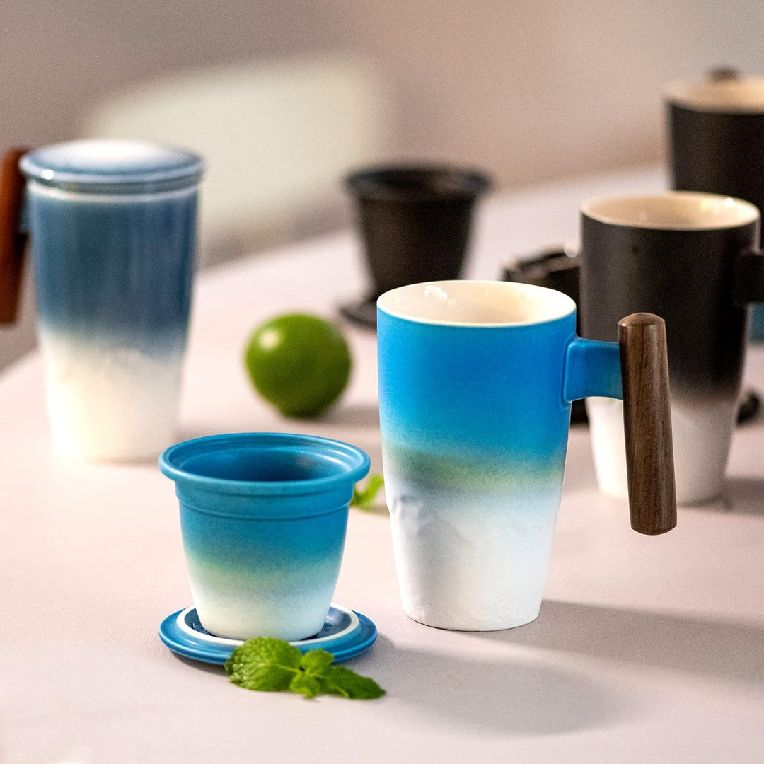 suyika Tomotime Keramik-Teetasse mit Teesieb und Deckel, Holzgriff, 400 ml, Cyanblau, 04-blau und We