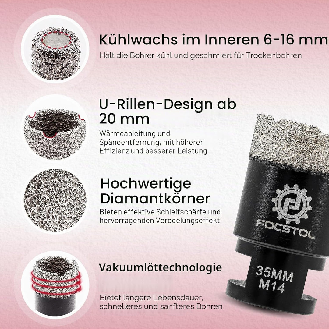 FOCSTOL Diamant Fliesenbohrer Set - 6/8/10/25/35/50/68mm+10mm Fingerfräser+50mm Fasenbohrer+Sechskan